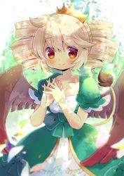Rule 34 | 1girl, blonde hair, blush, bow, brown wings, character request, closed mouth, collarbone, commentary request, commission, crown, dress, drill hair, feathered wings, green bow, green dress, hair between eyes, hands up, interlocked fingers, kou hiyoyo, puffy short sleeves, puffy sleeves, puyopuyo quest, red eyes, short sleeves, sidelocks, skeb commission, smile, solo, tail, tail raised, twin drills, wings
