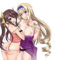 Rule 34 | 10s, 2girls, aqua eyes, artist request, ass, blonde hair, blue eyes, breasts, brown hair, cecilia alcott, drill hair, fang, headband, huang lingyin, infinite stratos, large breasts, lingerie, multiple girls, negligee, nipples, no bra, panties, small breasts, underwear, undressing