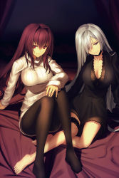 Rule 34 | 2girls, arm support, barefoot, bed, black dress, breasts, brynhildr (fate), choker, cleavage, collarbone, cropped, dress, fate/empire of dirt, fate/grand order, fate (series), hair intakes, hair over one eye, head tilt, highres, kawanakajima, large breasts, long hair, long sleeves, looking at viewer, multiple girls, non-web source, pantyhose, purple eyes, purple hair, red eyes, ribbed sweater, scathach (fate), scathach (fate), seamed legwear, silver hair, sitting, smile, sweater, thigh strap, turtleneck, turtleneck sweater, very long hair, yokozuwari