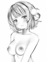 Rule 34 | 1girl, bad id, bad pixiv id, blush, bob cut, breasts, breasts squeezed together, closed mouth, completely nude, frown, greyscale, hair ornament, highres, indie virtual youtuber, looking at viewer, medium breasts, medium hair, monochrome, nanashi (nlo), nipples, nude, pom pom (clothes), pom pom hair ornament, shigure ui (vtuber), simple background, solo, upper body, virtual youtuber, white background