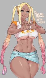 Rule 34 | 1girl, abs, agawa ryou, artist name, blonde hair, blue eyes, breasts, cleavage, closed mouth, collarbone, commentary, cowboy shot, crop top, curvy, dark-skinned female, dark skin, dated, denim, denim skirt, english commentary, eyes visible through hair, gradient hair, grey background, groin, gyaru, highleg, highleg panties, large breasts, long hair, looking at viewer, midriff, miniskirt, multicolored hair, muscular, muscular female, navel, numbered, original, own hands together, panties, pantyshot, pink hair, print shirt, shirt, short eyebrows, sidelocks, simple background, skirt, solo, string panties, tan, thick thighs, thighs, tongue, tongue out, twintails, two-tone hair, underboob, underwear, v-shaped eyebrows, very long hair