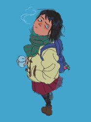 Rule 34 | 1girl, absurdres, alien, among us, backpack, bag, bag charm, black eyes, black hair, blue background, blue bag, blush, brown footwear, charm (object), closed mouth, coat, commentary, crewmate (among us), cup, english commentary, from above, frown, fruiitlins, full body, green scarf, hand in pocket, highres, holding, holding cup, kurata tome, long sleeves, looking at viewer, medium hair, mob psycho 100, red (among us), red skirt, scarf, short hair, simple background, skirt, solo, standing, yellow coat