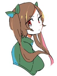 Rule 34 | &gt;:(, 1girl, asuma kanau, bow, breasts, brown hair, cody toscarina, collared shirt, end roll, facing to the side, green shirt, hair bow, long hair, long sleeves, looking at viewer, looking to the side, pale skin, red eyes, shirt, sketch, twintails, v-shaped eyebrows, white background