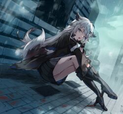 Rule 34 | :d, animal ear fluff, animal ears, arknights, black footwear, black gloves, black jacket, black skirt, blood, boots, building, commentary request, from side, gloves, grey eyes, grey hair, hair ornament, hairclip, high heel boots, high heels, jacket, knees up, lappland (arknights), long hair, long sleeves, looking at viewer, looking to the side, open clothes, open jacket, open mouth, outdoors, pleated skirt, rain, saiko (saisaka), sitting, skirt, smile, tail, very long hair, wet