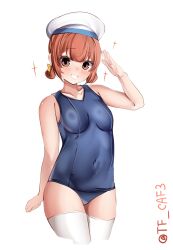 Rule 34 | 1girl, alternate costume, blue one-piece swimsuit, breasts, brown eyes, brown hair, commentary request, cowboy shot, grin, highres, kaiboukan no. 4 (kancolle), kantai collection, one-hour drawing challenge, one-piece swimsuit, salute, school swimsuit, simple background, small breasts, smile, solo, sparkle, swimsuit, tf cafe, thighhighs, twitter username, white background, white headwear, white thighhighs