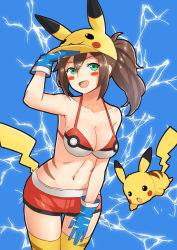 Rule 34 | 1girl, absurdres, bikini, bikini top only, blue background, blush, blush stickers, breasts, brown hair, cabbie hat, cosplay, costume, creatures (company), electricity, fake tail, female protagonist (pokemon go), game freak, gen 1 pokemon, green eyes, hat, highres, medium breasts, multicolored bikini, multicolored clothes, nintendo, open mouth, pikachu, pikachu (cosplay), poke ball theme, pokemon, pokemon go, ponytail, short shorts, shorts, solo focus, swimsuit, tail, yellow legwear, yi l chen 5
