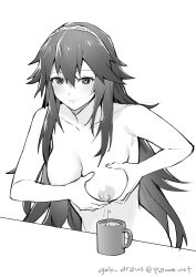 1girl breast_milk breasts cup fire_emblem fire_emblem_awakening ge-b grabbing_own_breast lactation long_hair lucina_(fire_emblem) medium_breasts monochrome nude smile solo tiara