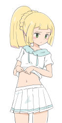 Rule 34 | 1girl, absurdres, blonde hair, blush, closed mouth, clothes lift, commentary request, cowboy shot, creatures (company), game freak, highres, lifting own clothes, lillie (pokemon), long hair, nagitaro, navel, nintendo, pleated skirt, pokemon, pokemon sm, ponytail, sailor collar, shirt, shirt lift, short sleeves, simple background, skirt, solo, sweatdrop, white background, white shirt, white skirt