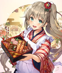 Rule 34 | 1girl, absurdres, apron, bad id, bad pixiv id, brown hair, commentary request, flower, food, green eyes, hair flower, hair ornament, highres, holding, holding food, japanese clothes, juubako, kimono, long hair, looking at viewer, lotus root, mochi, new year, nonomaro, original, osechi, shrimp, sidelocks, signature, smile, solo, striped clothes, striped kimono, teeth, twintails, upper body, upper teeth only, wide sleeves