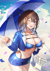 Rule 34 | 1girl, bandeau, blue bandeau, blue eyes, blue skirt, blue tube top, blush, breasts, brown hair, car, cleavage, confetti, day, flag, hair between eyes, hawawa-chan (shiro kuma shake), highres, holding, holding flag, large breasts, looking at viewer, motor vehicle, navel, open mouth, original, outdoors, race queen, race vehicle, racecar, shiro kuma shake, skirt, smile, solo, sports car, strapless, tube top, umbrella