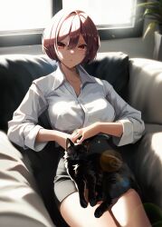 Rule 34 | 1girl, absurdres, backlighting, black cat, bob cut, breasts, brown eyes, brown hair, cat, chair, collarbone, expressionless, hair between eyes, highres, large breasts, looking at viewer, meiko (vocaloid), meiko (vocaloid3), office lady, pencil skirt, red eyes, shirt, short hair, sitting, skirt, solo, vocaloid, white shirt, yen-mi