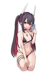 Rule 34 | 1girl, azur lane, bikini, black bikini, black choker, black hair, breasts, cellphone, choker, collarbone, colored inner hair, defaultkavy, demon horns, hatsuzuki (august&#039;s first romance) (azur lane), hatsuzuki (azur lane), head tilt, highres, holding, holding phone, horns, jewelry, kneeling, licking lips, looking at viewer, multicolored hair, navel, necklace, official alternate costume, phone, red eyes, red hair, seiza, simple background, sitting, small breasts, smartphone, solo, stomach, swimsuit, thigh strap, tongue, tongue out, twintails, two-tone hair, white background