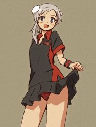Rule 34 | 1girl, :d, animal ears, black skirt, blush, brown background, clothes lift, dog ears, grey eyes, long hair, martina crespi, open mouth, panties, pantyshot, pleated skirt, ponytail, red panties, shibasaki shouji, silver hair, simple background, skirt, skirt lift, smile, solo, strike witches, underwear, world witches series, wristband