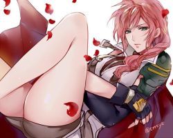Rule 34 | 1girl, ass, breasts, cape, final fantasy, final fantasy xiii, fingerless gloves, gloves, green eyes, large breasts, legs, lightning farron, long hair, looking at viewer, miniskirt, pink hair, skirt, solo, tama (tmfy5)