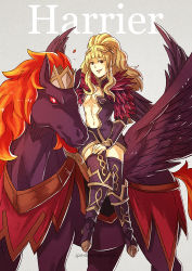 Rule 34 | animal, armor, blonde hair, breasts, clair (fire emblem), cleavage cutout, clothing cutout, fire emblem, fire emblem echoes: shadows of valentia, fire emblem gaiden, full body, fur collar, greaves, grey background, gzei, large breasts, long hair, looking at viewer, nintendo, pegasus, riding, simple background, smile, solo