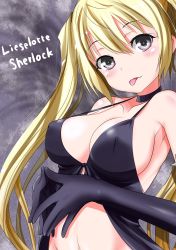 Rule 34 | 10s, 1girl, :p, babydoll, black gloves, blonde hair, blush, breasts, character name, cleavage, elbow gloves, covered erect nipples, gloves, highres, ju (old505), large breasts, lieselotte sherlock, long hair, looking at viewer, purple eyes, solo, strap gap, tongue, tongue out, trinity seven, twintails