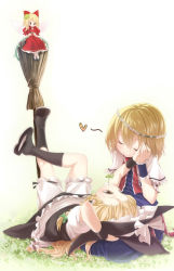 Rule 34 | 2girls, alice margatroid, blonde hair, broom, buriki, couple, doll, closed eyes, feet, female focus, hand on another&#039;s cheek, hand on another&#039;s face, hat, head wreath, heart, kirisame marisa, lap pillow, crossed legs, long hair, looking at another, lying, mouth hold, multiple girls, on back, ribbon, shanghai doll, shoe dangle, sitting, smile, touhou, witch, witch hat, yuri