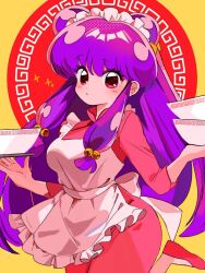 Rule 34 | 1girl, blush stickers, bow, breasts, chinese clothes, hair ornament, holding, holding tray, long hair, looking at viewer, medium breasts, purple hair, ranma 1/2, red eyes, red footwear, sanamaru (sana79261827), shampoo (ranma 1/2), solo, standing, standing on one leg, tray, waitress, yellow bow