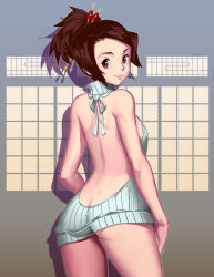 Rule 34 | 1girl, ass, backless outfit, bare back, breasts, brown hair, butt crack, cowboy shot, from behind, fuu (samurai champloo), genzoman, hair ornament, hairpin, looking at viewer, looking back, meme attire, no bra, no panties, samurai champloo, sideboob, smile, solo, turtleneck, virgin killer sweater