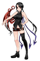 Rule 34 | 1girl, alternate costume, alternate hair length, alternate hairstyle, aoshima, asymmetrical footwear, asymmetrical wings, bare arms, bare shoulders, black hair, black thighhighs, breasts, hand on own hip, highres, houjuu nue, large breasts, long hair, looking at viewer, midriff, mismatched footwear, navel, red eyes, shirt, short shorts, shorts, simple background, single thighhigh, sleeveless, sleeveless shirt, smirk, solo, thighhighs, touhou, twintails, very long hair, white background, wings