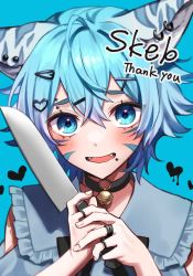Rule 34 | 1boy, animal ears, archon eclipse, aruminsuko, bell, blue background, blue eyes, blue hair, blush, commission, crossed bangs, fangs, hair between eyes, hair ornament, hairclip, heart, heart hair ornament, highres, holding, holding knife, indie virtual youtuber, jewelry, jingle bell, knife, leopard ears, looking at viewer, male focus, neck bell, open mouth, ring, simple background, skeb commission, smile, solo, trap, upper body, virtual youtuber, x hair ornament, yandere