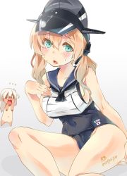 Rule 34 | 0 0, 2girls, alternate costume, aqua eyes, artist name, blonde hair, breasts, clothes theft, cosplay, covered navel, crop top, embarrassed, female focus, flying sweatdrops, gradient background, hair between eyes, hat, highres, imu sanjo, kantai collection, large breasts, long hair, looking at viewer, multiple girls, nude, one-piece tan, open mouth, prinz eugen (kancolle), ro-500 (kancolle), ro-500 (kancolle) (cosplay), school swimsuit, school uniform, serafuku, sideboob, signature, swimsuit, swimsuit under clothes, tan, tanline, tears, theft, thighs, twintails, undersized clothes, uniform, unworn swimsuit, white background