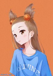 1girl absurdres alternate_costume blue_shirt brown_eyes collarbone creatures_(company) game_freak hair_bobbles hair_ornament highres jasmine_(pokemon) light_brown_hair looking_at_viewer nintendo obi3 orange_background pokemon pokemon_hgss shirt simple_background solo teeth upper_teeth_only