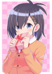 Rule 34 | 1girl, bow, bowtie, brown jacket, checkered background, collared shirt, covering own mouth, gabriel dropout, gift, hair between eyes, hair ornament, hairclip, hands up, highres, holding, holding gift, jacket, looking at viewer, medium hair, pink background, purple eyes, purple hair, red bow, red bowtie, school uniform, shirt, solo, tenma-gav, upper body, vignette tsukinose april, white shirt, x hair ornament