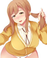 Rule 34 | 10s, 1girl, :d, ako suke, alternate hairstyle, blush, bolo tie, breasts, brown hair, cardigan, collared shirt, hair between eyes, hair bobbles, hair ornament, highres, holding, holding own hair, kunikida hanamaru, large breasts, leaning forward, long hair, long sleeves, looking away, love live!, love live! school idol festival, love live! sunshine!!, nose blush, open mouth, paw print, shirt, simple background, smile, solo, twintails, white background, white shirt, wide hips, wing collar