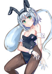 Rule 34 | 1girl, absurdres, alternate costume, bare shoulders, black leotard, black pantyhose, breasts, closed mouth, collarbone, feet out of frame, gloves, green eyes, grey hair, head tilt, highres, hitodama, isemori, konpaku youmu, konpaku youmu (ghost), leotard, looking at viewer, medium breasts, medium hair, pantyhose, playboy bunny, simple background, solo, touhou, white background, white gloves
