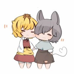 Rule 34 | 2girls, :3, animal ears, animal print, barefoot, black hair, blonde hair, cheek-to-cheek, closed eyes, closed mouth, commentary request, dress, grey dress, grey hair, hair ornament, hair over one eye, heads together, highres, holding hands, kurotaro, layered clothes, long sleeves, mouse ears, mouse girl, mouse tail, multicolored hair, multiple girls, nazrin, orange skirt, red dress, red skirt, shirt, short hair, skirt, streaked hair, tail, tiger print, toramaru shou, touhou, two-tone hair, white shirt, wide sleeves, yuri