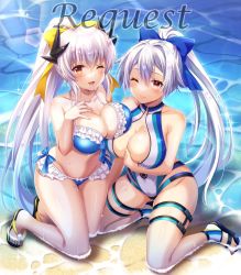 Rule 34 | 2girls, asymmetrical docking, bare shoulders, beach, bikini, blue bikini, blue bow, blue one-piece swimsuit, bow, breast press, breasts, cleavage, collarbone, commentary request, competition swimsuit, dragon girl, dragon horns, fate/grand order, fate (series), hair between eyes, hair bow, highleg, highleg swimsuit, highres, horns, kiyohime (fate), kiyohime (fate/grand order), kiyohime (swimsuit lancer) (fate), kiyohime (swimsuit lancer) (third ascension) (fate), large breasts, long hair, looking at viewer, multicolored clothes, multicolored swimsuit, multiple girls, multiple horns, ocean, one-piece swimsuit, one eye closed, ponytail, red eyes, sandals, silver hair, suzumia (daydream), swimsuit, thigh strap, tomoe gozen (fate), tomoe gozen (swimsuit saber) (fate), two-tone swimsuit, water, white one-piece swimsuit, yellow bow