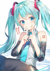 Rule 34 | 1girl, alexmaster, aqua hair, aqua necktie, bare shoulders, black thighhighs, blue eyes, blush, commentary request, detached sleeves, hatsune miku, headset, long hair, looking at viewer, necktie, smile, solo, tattoo, thighhighs, twintails, vocaloid, white background