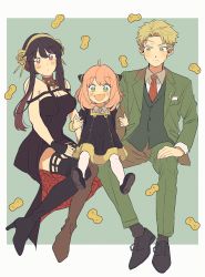 Rule 34 | 1boy, 2girls, anya (spy x family), black dress, black hair, blonde hair, child, closed mouth, dot mouth, dress, eden academy school uniform, family, fingerless gloves, flower, formal, gloves, gold hairband, green eyes, green suit, hairband, hairpods, high heels, highres, husband and wife, locked arms, multiple girls, ninonuko, off-shoulder sweater, off shoulder, open mouth, outside border, peanut, pink hair, red eyes, rose, school uniform, short hair with long locks, sidelocks, smile, spy x family, suit, sweater, twilight (spy x family), yor briar