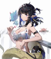 Rule 34 | 1girl, arknights, arm strap, bikini, bikini top only, black hair, blue hair, breasts, character name, cleavage, dadijiji, earrings, eunectes (arknights), eunectes (forgemaster) (arknights), food, from side, highres, jewelry, looking at viewer, medium breasts, medium hair, multicolored hair, navel, official alternate costume, one side up, parted lips, pointy ears, popsicle, purple eyes, sidelocks, solo, strap gap, swimsuit, tail, two-tone hair