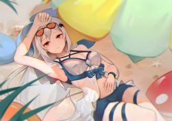 Rule 34 | 1girl, ahoge, arknights, arm up, armpits, bare arms, bare shoulders, blue shorts, breasts, chinese commentary, cleavage, commentary request, cowboy shot, eyewear on head, hair ornament, long hair, looking at viewer, lying, medium breasts, official alternate costume, on back, parted lips, red eyes, short shorts, shorts, silver hair, skadi (arknights), skadi (waverider) (arknights), solo, sunglasses, thigh strap, thighs, whale hair ornament, xgbghost