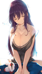 Rule 34 | 1girl, bebe-tan, black tank top, breasts, breasts squeezed together, cleavage, closed eyes, commentary, hair between eyes, highres, holding, holding stuffed toy, huge breasts, long hair, looking at viewer, murasaki (senran kagura), off shoulder, parted lips, purple hair, senran kagura, simple background, sitting, sleeping, sleeping upright, solo, stuffed toy, symbol-only commentary, tank top, very long hair, white background, yaegashi nan, zzz