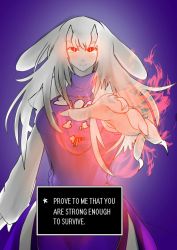 Rule 34 | 1girl, animal ears, bad id, bad pixiv id, blush, claws, english text, facing viewer, fire, fire, fur, glowing, glowing eyes, goat ears, goat girl, hallway, horns, indoors, kirin (parko), long hair, looking at viewer, magic, pointing, pointing at viewer, robe, silver hair, simple background, solo, spoilers, tabard, tearing up, text box, toriel, undertale