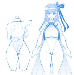 Rule 34 | 1girl, back, backboob, bare shoulders, bb (fate), bb (fate/extra), blue theme, blush, breasts, fate/extra, fate/extra ccc, fate (series), gloves, hair ribbon, highleg, highleg leotard, large breasts, leotard, long hair, looking at viewer, multiple views, neck ribbon, oohira sunset, ribbon, sketch, thighs, very long hair