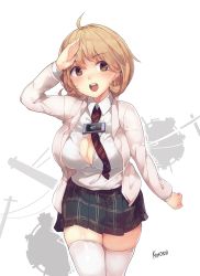 Rule 34 | 10s, 1girl, :d, arm up, artist name, balancing, breasts, brown eyes, brown hair, cellphone, hair ornament, hairclip, heart, heart hair ornament, highres, kimoshi, large breasts, looking at viewer, matching hair/eyes, narusawa ryouka, occultic;nine, open mouth, phone, raised eyebrows, short hair, signature, skirt, smartphone, smile, solo, tawawa challenge, thighhighs, thighs, white thighhighs