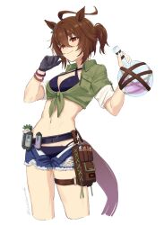 Rule 34 | 1girl, agnes tachyon (lunatic lab) (umamusume), agnes tachyon (umamusume), ahoge, animal ears, bikini, black bikini, black gloves, brown hair, closed mouth, commentary request, criss-cross halter, denim, denim shorts, ear ornament, flask, gloves, green jacket, hair between eyes, halterneck, highres, holding, holding flask, horse ears, horse girl, horse tail, jacket, kii-kun (agnes tachyon) (umamusume), navel, official alternate costume, qing (sankakuosushi), red eyes, short hair, shorts, simple background, single glove, sleeves rolled up, solo, swimsuit, tail, thigh strap, tied jacket, twitter username, umamusume, white background