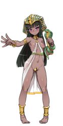 Rule 34 | 1girl, absurdres, animal, bare shoulders, black hair, blush, breasts, cobra (animal), commentary request, crotch plate, dark-skinned female, dark skin, egyptian, egyptian clothes, full body, gold trim, groin, harigane shinshi, highres, long hair, navel, nemes, nipples, original, outstretched arm, pointy ears, purple eyes, see-through, simple background, sketch, small breasts, solo, standing, v-shaped eyebrows, very long hair, white background