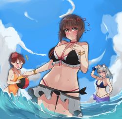 Rule 34 | +++, 3girls, absurdres, akaboshi koume, animal ears, armlet, ball, beachball, bikini, bikini skirt, black bikini, blue bikini, blue eyes, blue sky, blush, bow, bow bikini, bracelet, breasts, brown eyes, brown hair, cat ears, choker, cleavage, closed mouth, cloud, cloudy sky, commentary, covered navel, day, fake animal ears, flower, frilled bikini, frills, frown, girls und panzer, hair flower, hair ornament, hair ribbon, hand on own hip, hand on own chest, hibiscus, highres, holding, holding ball, itsumi erika, jewelry, kshimu, large breasts, looking at another, looking at viewer, medium breasts, medium hair, multi-strapped bikini, multiple girls, navel, nishizumi maho, ocean, one-piece swimsuit, open mouth, orange one-piece swimsuit, outdoors, purple sarong, red choker, red ribbon, ribbon, sarong, shading eyes, short hair, silver hair, sky, smile, standing, swimsuit, wading, water, waves, wavy hair, wet, wrist cuffs