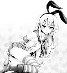 Rule 34 | 10s, 1girl, :&lt;, arm support, ass, blush, boots, covering ass, covering privates, elbow gloves, gloves, greyscale, hairband, kantai collection, long hair, monochrome, panties, pantyshot, shimakaze (kancolle), skirt, solo, striped clothes, striped thighhighs, thighhighs, underwear, uni8, upskirt