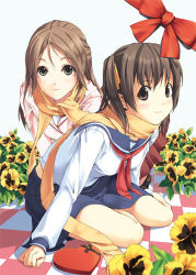 Rule 34 | 2girls, bow, brown eyes, brown hair, checkered floor, flower, heart, long hair, lowres, luna (reclaimed land), multiple girls, orange scarf, original, pansy, pleated skirt, scarf, school uniform, serafuku, shared clothes, shared scarf, skirt, twintails, yellow flower, yellow pansy, yuri