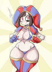 Rule 34 | 1girl, :/, absurdres, alternate costume, asymmetrical gloves, bikini, blue bikini, blue gloves, breasts, brown hair, clenched teeth, colored skin, curvy, eye twitch, glitch productions, gloves, hat, hat bell, highleg, highleg bikini, highres, jester, jester cap, large breasts, looking at viewer, lucyfer, mismatched gloves, multicolored bikini, multicolored clothes, multicolored eyes, multicolored hat, narrow waist, navel, nervous, nipples, pomni (the amazing digital circus), rabbit ears, red bikini, red gloves, shiny skin, short hair, solo, sweat, sweatdrop, swimsuit, teeth, the amazing digital circus, thick thighs, thighhighs, thighs, thong, thong bikini, two-tone bikini, two-tone eyes, two-tone thighhighs, white skin, wide hips, yellow background