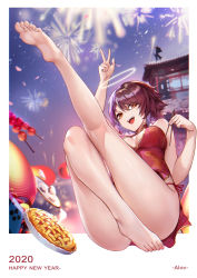 Rule 34 | 2020, :d, alov, arknights, arm up, artist name, ass, bare legs, barefoot, blurry, breasts, china dress, chinese clothes, chopsticks, cropped, depth of field, dress, exusiai (arknights), feet, fireworks, full body, glint, halo, happy new year, highres, lantern, medium breasts, nail polish, new year, open mouth, orange eyes, outdoors, outside border, panties, paper lantern, red dress, red hair, short dress, short hair, side-tie panties, smile, soles, solo, toenail polish, toenails, underwear, w