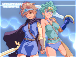 Rule 34 | 2girls, blue eyes, breasts, brown eyes, brown hair, cape, circlet, copyright name, damedungeon, dc comics, dragon quest, dragon quest iii, dragon quest iv, gloves, green hair, heroine (dq4), holding hands, midriff, multiple girls, roto (dq3), sword, weapon