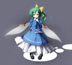 Rule 34 | 1girl, blush, bow, daiyousei, fairy wings, frills, green eyes, green hair, hair bow, mary janes, matching hair/eyes, oversized clothes, sasasa (nashi), shoes, side ponytail, sleeves past wrists, solo, touhou, wings