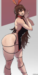 Rule 34 | 1girl, :d, absurdres, amber (genshin impact), artist name, ass, bare hips, black dress, black panties, blush, breasts, brown eyes, brown hair, cleavage cutout, clothing cutout, crossed bangs, dress, feet out of frame, from side, genshin impact, hair between eyes, hair ornament, hair ribbon, half-closed eyes, hand on own cheek, hand on own face, hands up, highleg, highleg dress, highres, long bangs, long hair, looking at viewer, looking to the side, medium breasts, multicolored background, o-ring dress, open mouth, panties, pelvic curtain, red background, red ribbon, ribbon, round teeth, short dress, sidelocks, simple background, smile, solo, standing, stopu, string panties, teeth, thick thighs, thighs, toned, underwear, upper teeth only, v, white background